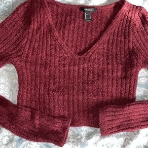 Forever 21 Maroon Cropped V-Neck Sweater